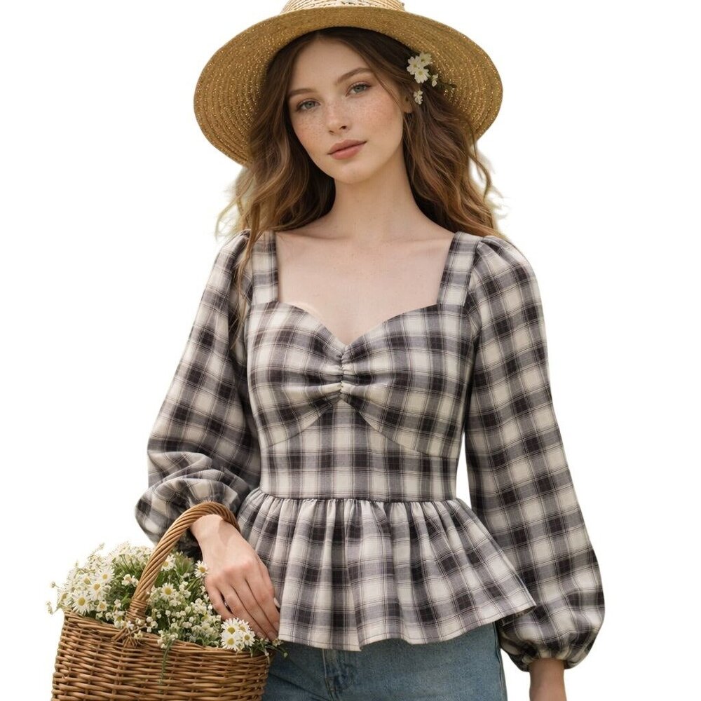 Pleione Anthropologie Plaid Milkmaid Top Cottagecore Prairie Babydoll B&W Size S